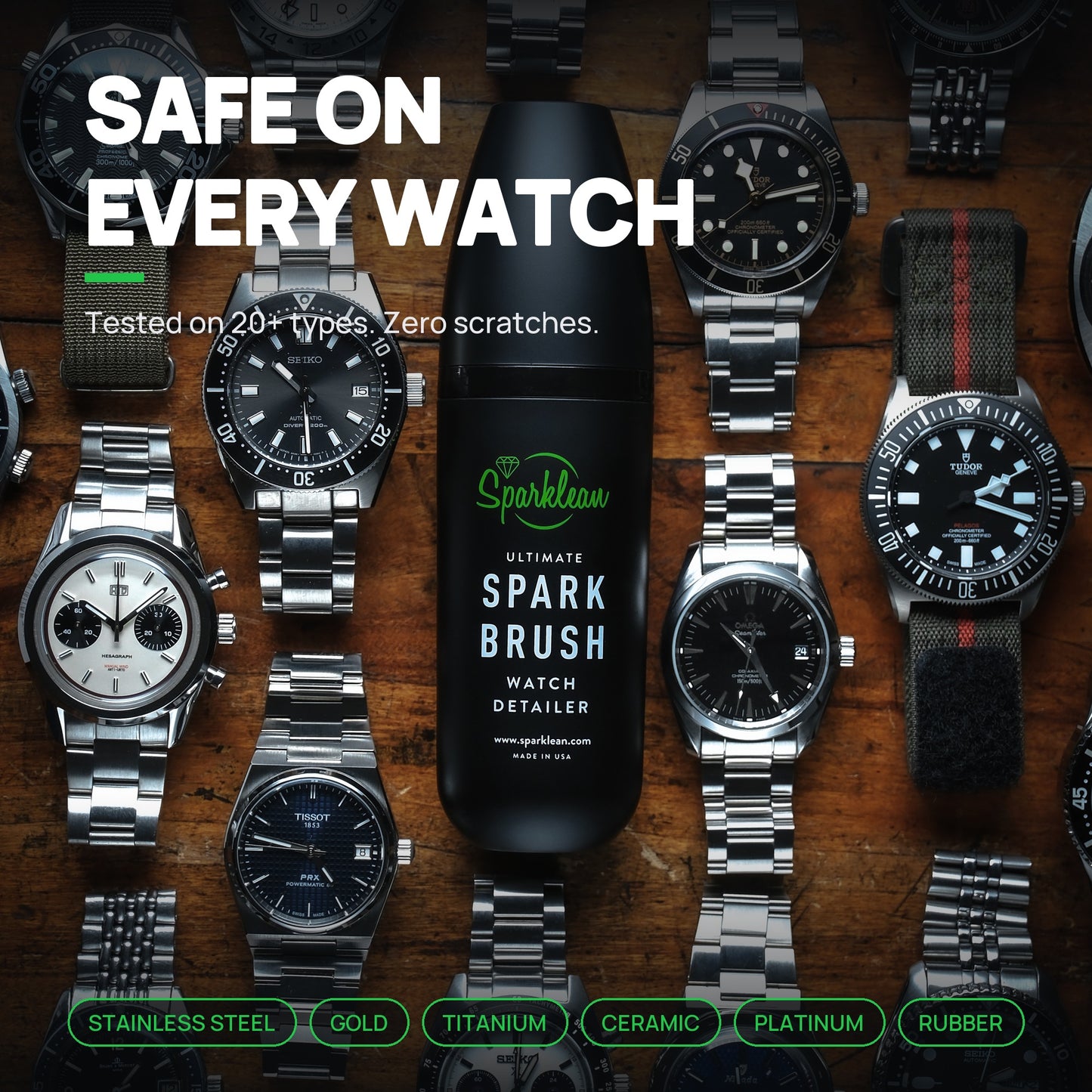 Watches and fine jewelry cleaned with the Sparklean SparkBrush