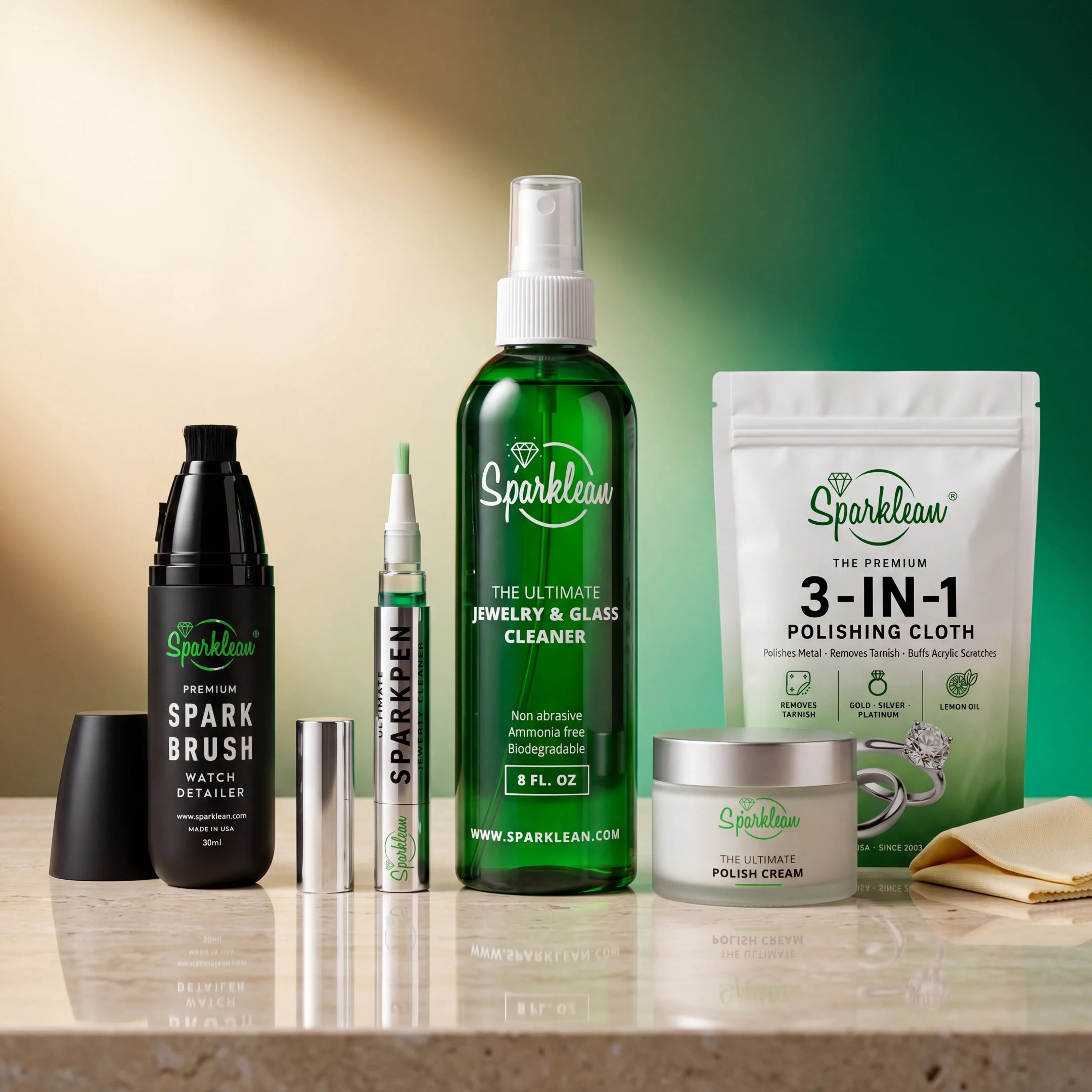 Sparklean complete jewelry care system product lineup on marble counter
