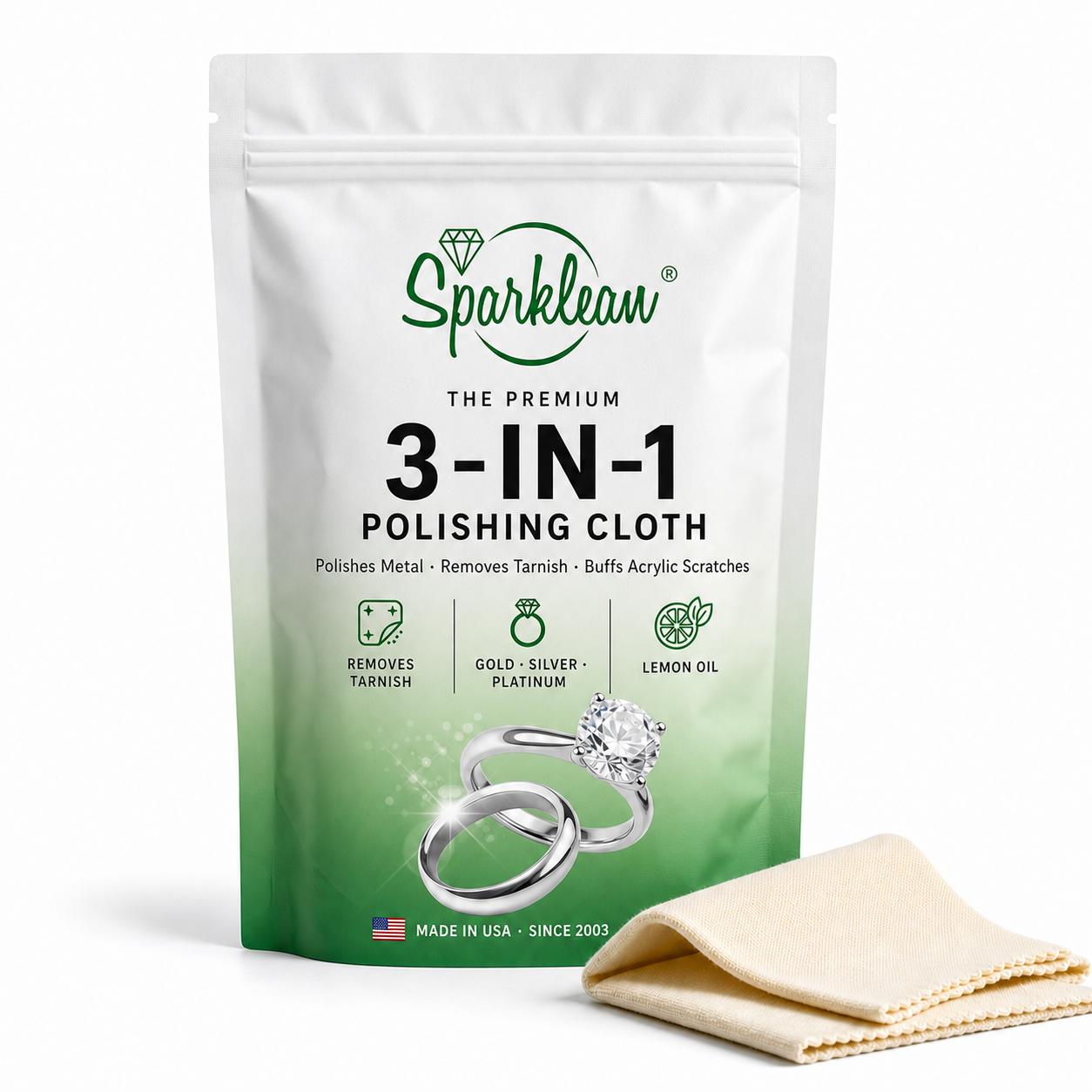 Sparklean® Professional Polishing Cloth — dual-layer cloth with embedded non-abrasive compound for gold, silver, brass and copper. Lasts up to 1 year